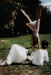 Sweet pea tendrils and ruffled blooms in a garden setting