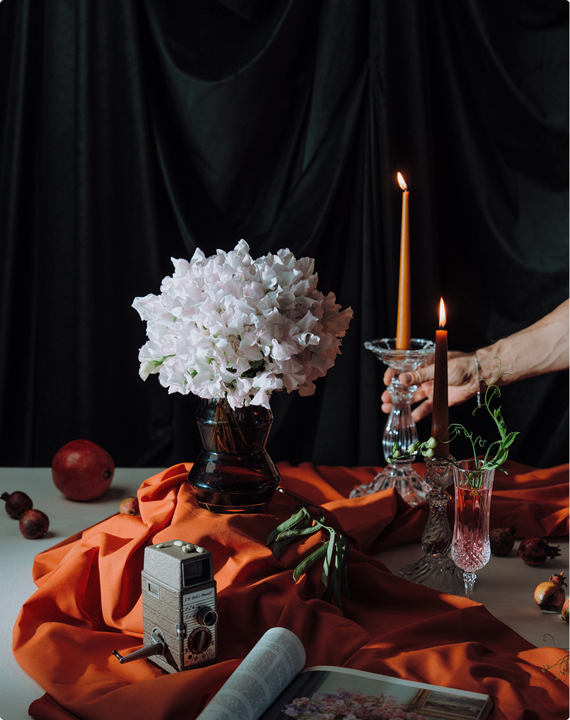 Sweet pea styling against linen and unglazed ceramics – interior design inspiration