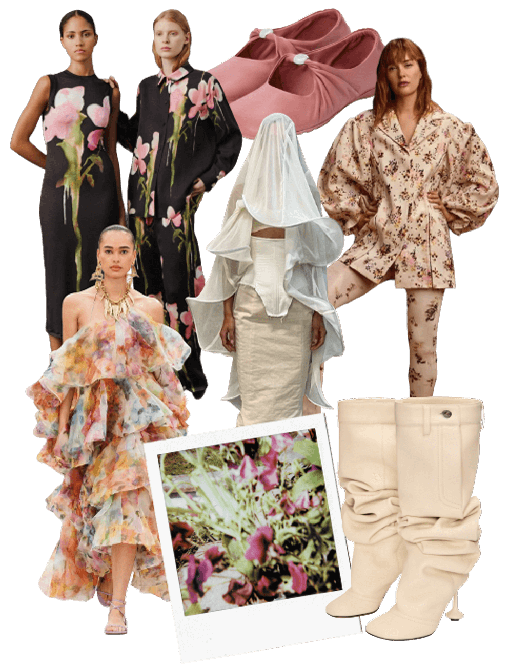 Sweet pea-inspired fashion – bicolour floral prints and romantic silhouettes