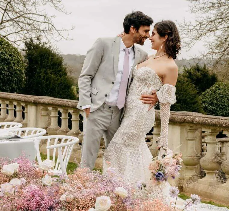 Bride in a drop waist wedding dress