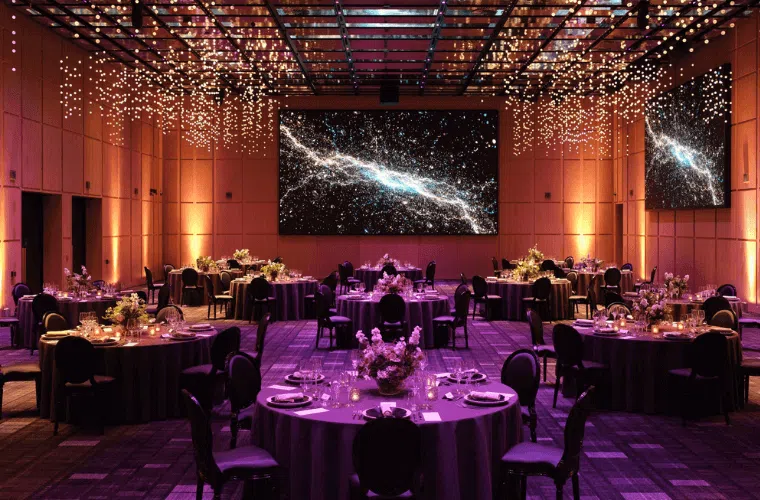A venue set for an event with purple and gold lighting