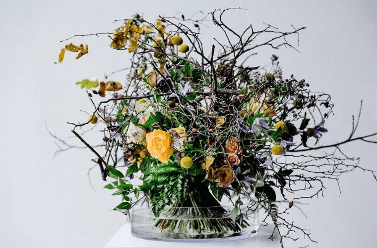 An unusual and wild looking bouquet of flowers in a shallow glass vase