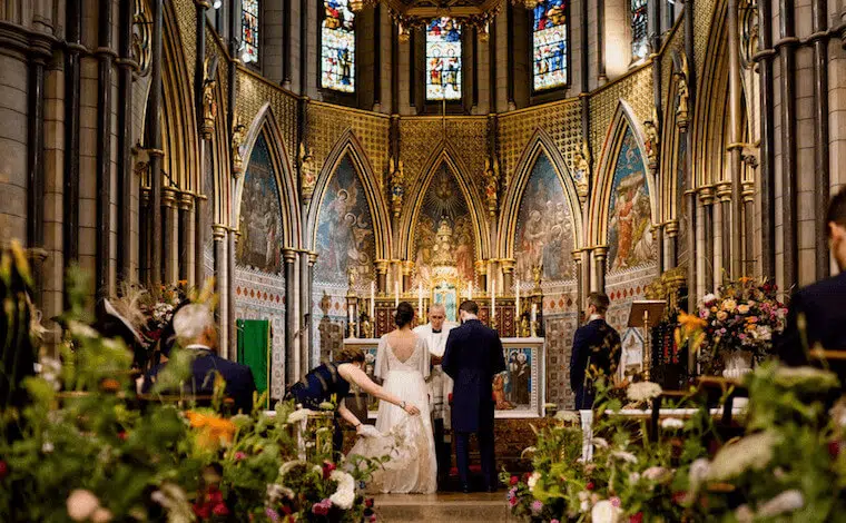 Church floral meadow installation for a london micro wedding