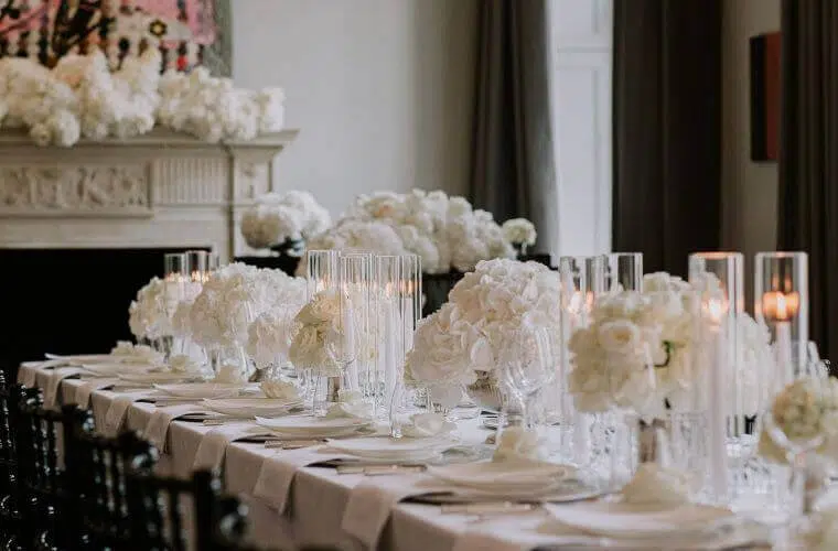 An all-white wedding tablescape