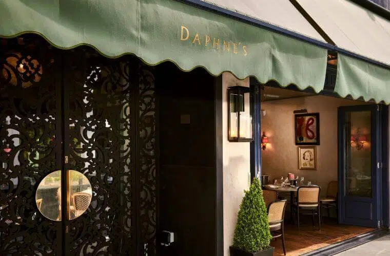 Weddings at daphne's london | our honest review 2025 10 The front of daphne's restaurant with the name emblazoned