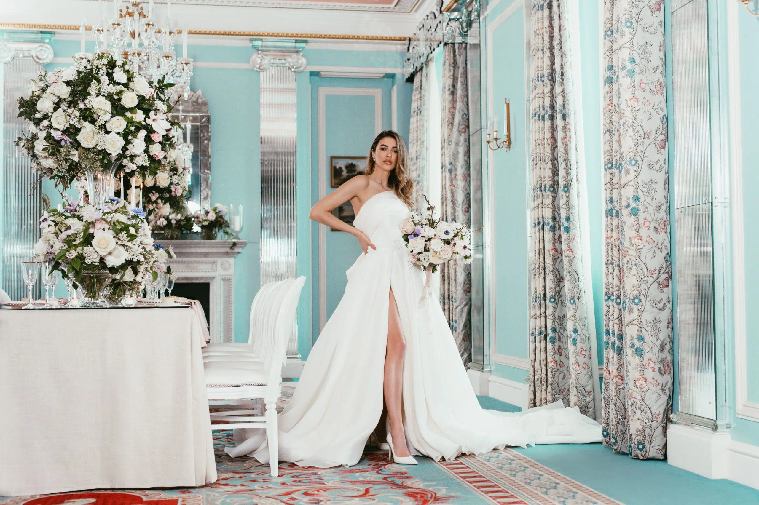 Bride holding a round bouquet designed by blooming haus at the lanesborough hotel, london
